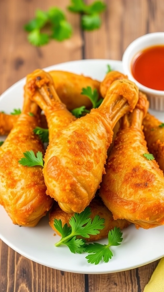 Crispy air fryer chicken drumsticks garnished with parsley on a rustic wooden table.